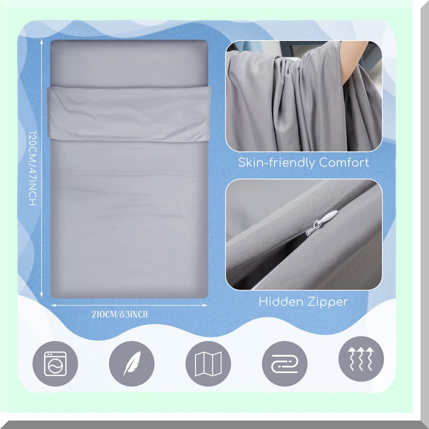 SunKissed Sleep Shield - Self Tanning Bed Sheet Protector & Sleeping Bag Liner for Travel, Camping, and Home Use. Lightweight and Silver Gray.