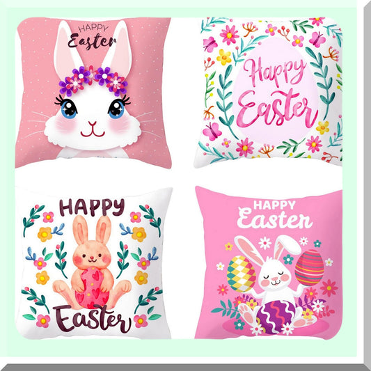 Spring Bunny Farmhouse Pillow Covers - Set of 4 18x18 Pink Egg Decorations for Home Outdoor Decor - Decorative Cushion Cases for Spring Décor