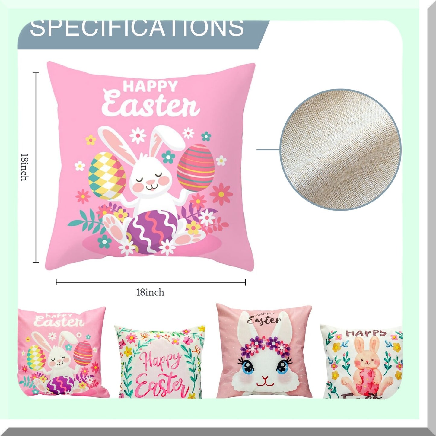 Spring Bunny Farmhouse Pillow Covers - Set of 4 18x18 Pink Egg Decorations for Home Outdoor Decor - Decorative Cushion Cases for Spring Décor