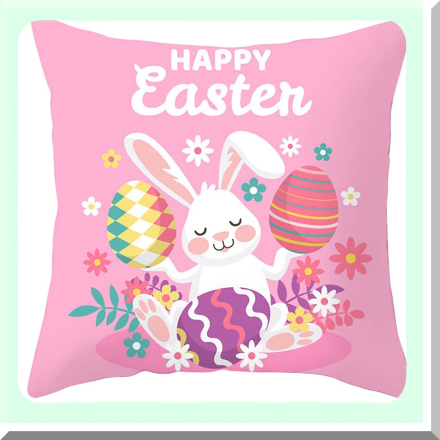 Spring Bunny Farmhouse Pillow Covers - Set of 4 18x18 Pink Egg Decorations for Home Outdoor Decor - Decorative Cushion Cases for Spring Décor