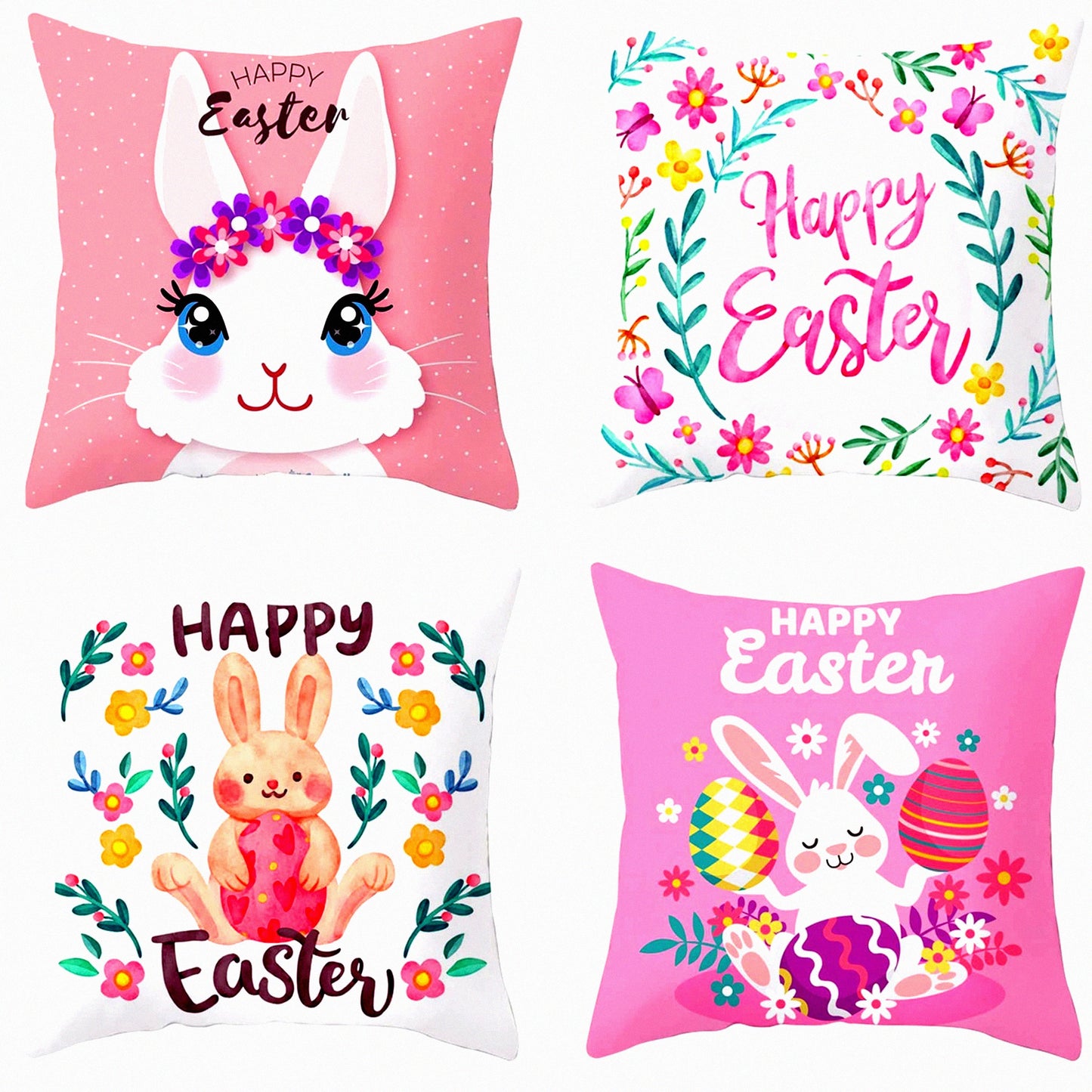Spring Bunny Farmhouse Pillow Covers - Set of 4 18x18 Pink Egg Decorations for Home Outdoor Decor - Decorative Cushion Cases for Spring Décor
