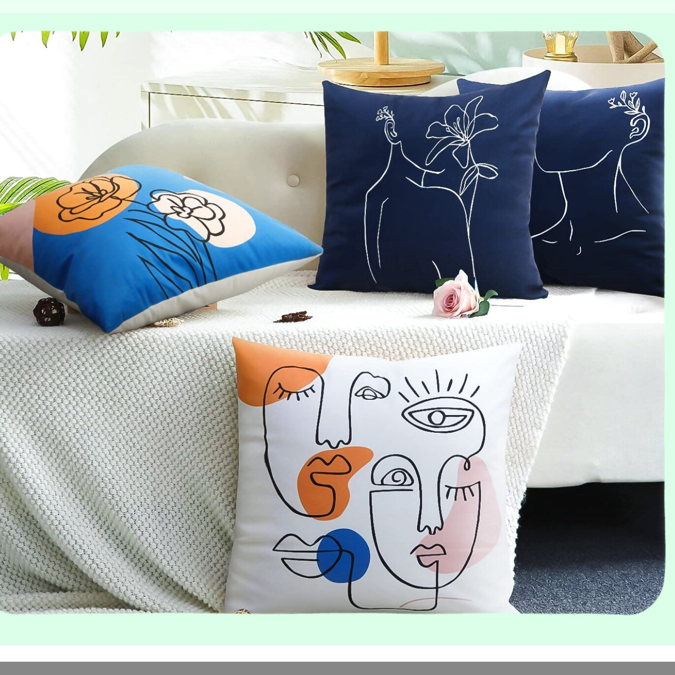 Abstract Face Art Velvet Throw Pillow Covers - Minimalist Decorative Pillows for Bed Couch Living Room - 18x18 Inch Navy - Set of 2