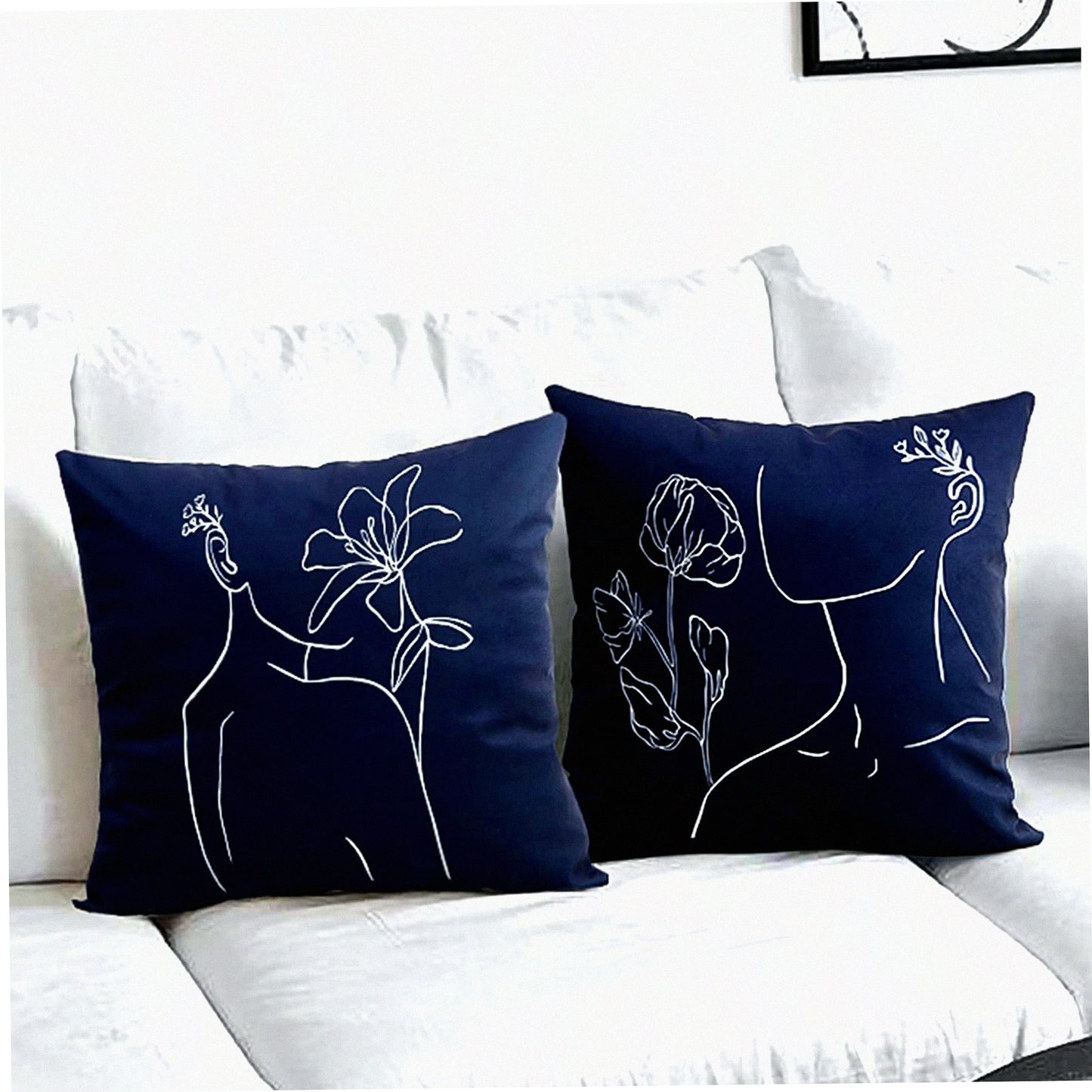 Abstract Face Art Velvet Throw Pillow Covers - Minimalist Decorative Pillows for Bed Couch Living Room - 18x18 Inch Navy - Set of 2