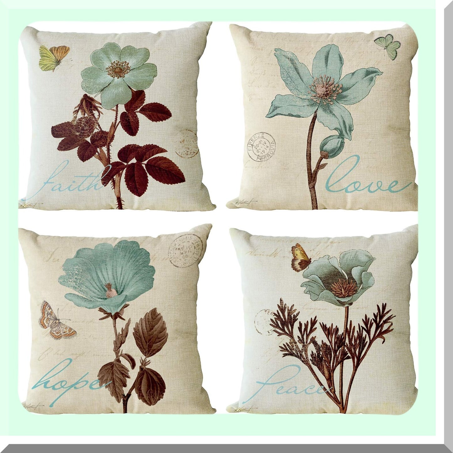 Floral Lotus Leaf Decor Pillow Covers - Set of 4 Cotton Linen Square Pillowcase for Outdoor Sofa Bedding, Car and Home Decor - 22x22 Inch Flower Cushion Covers