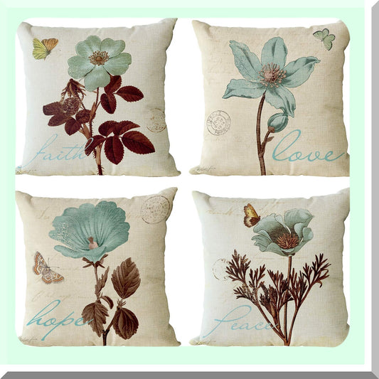 Floral Lotus Leaf Decor Pillow Covers - Set of 4 Cotton Linen Square Pillowcase for Outdoor Sofa Bedding, Car and Home Decor - 22x22 Inch Flower Cushion Covers