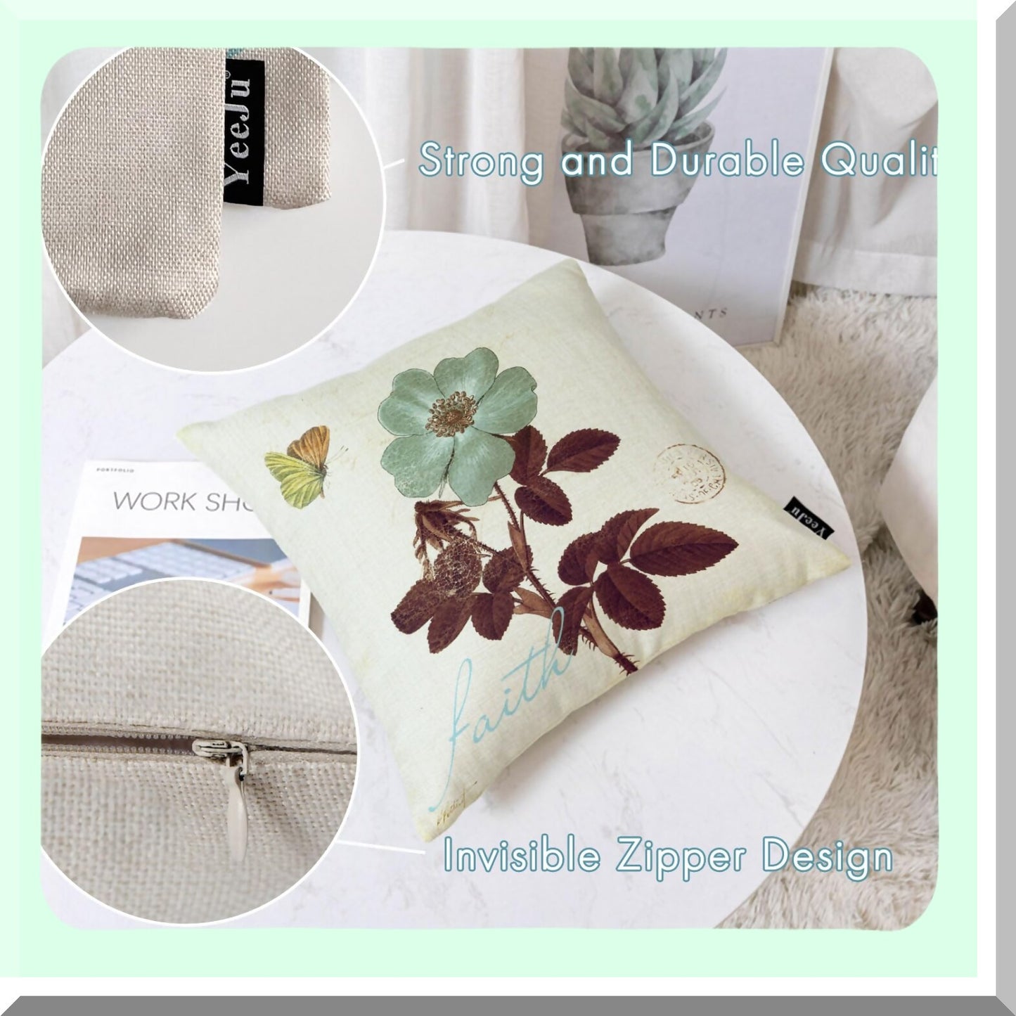 Floral Lotus Leaf Decor Pillow Covers - Set of 4 Cotton Linen Square Pillowcase for Outdoor Sofa Bedding, Car and Home Decor - 22x22 Inch Flower Cushion Covers
