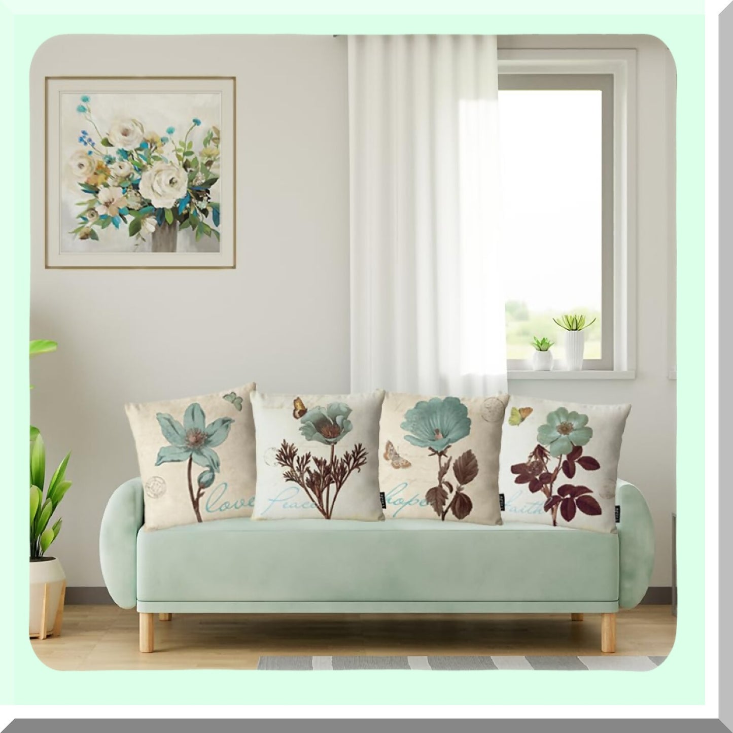 Floral Lotus Leaf Decor Pillow Covers - Set of 4 Cotton Linen Square Pillowcase for Outdoor Sofa Bedding, Car and Home Decor - 22x22 Inch Flower Cushion Covers
