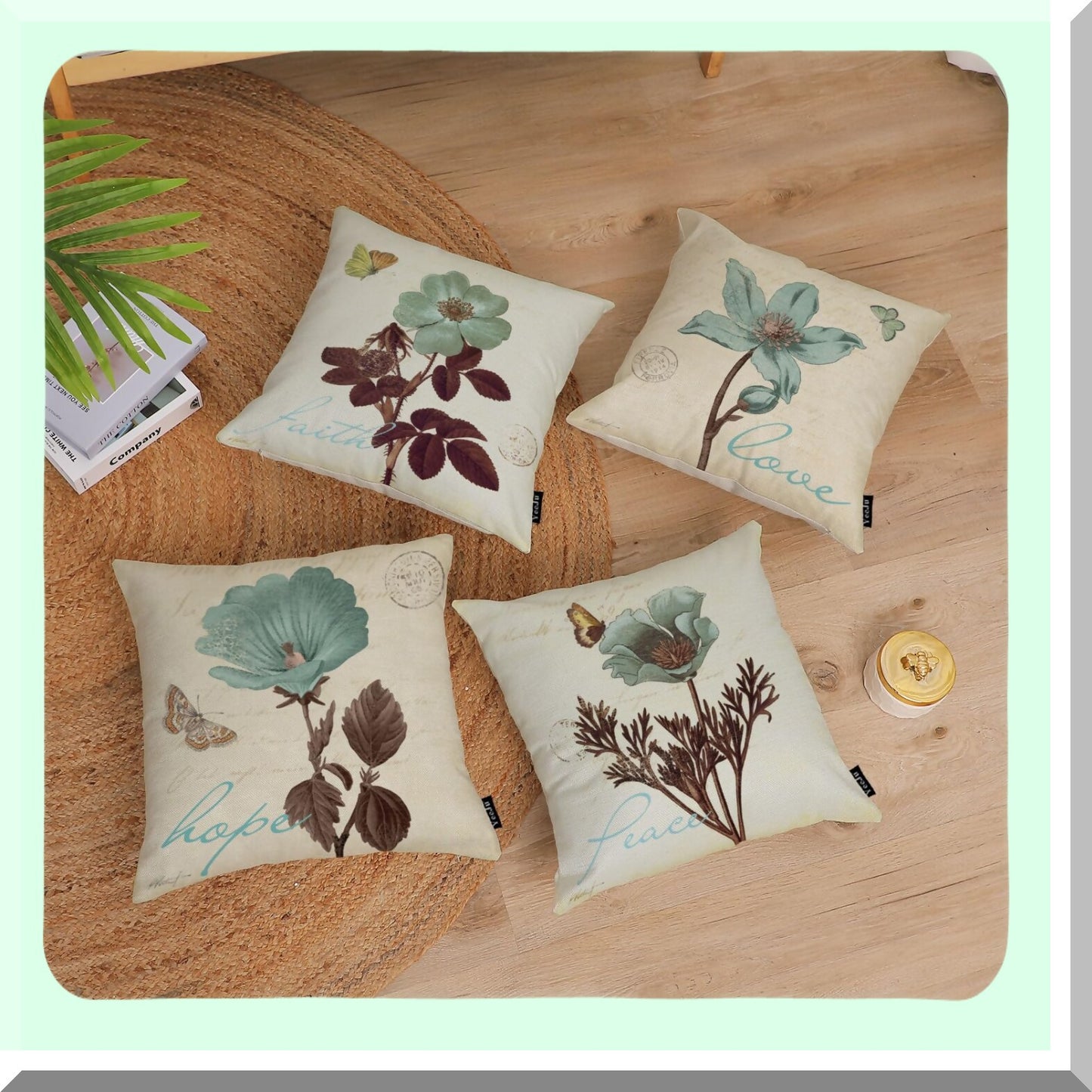 Floral Lotus Leaf Decor Pillow Covers - Set of 4 Cotton Linen Square Pillowcase for Outdoor Sofa Bedding, Car and Home Decor - 22x22 Inch Flower Cushion Covers