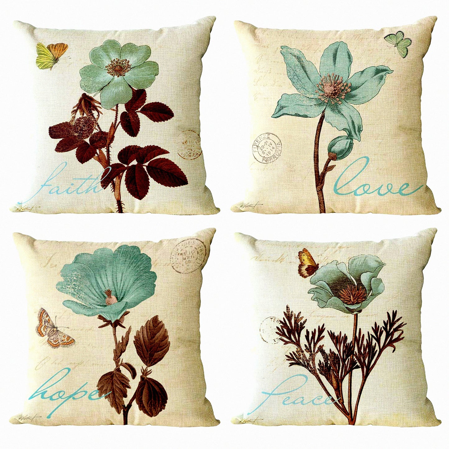 Floral Lotus Leaf Decor Pillow Covers - Set of 4 Cotton Linen Square Pillowcase for Outdoor Sofa Bedding, Car and Home Decor - 22x22 Inch Flower Cushion Covers