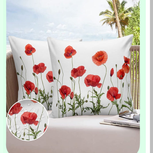 Poppy Blossoms Outdoor Pillow Covers - Set of 2, Watercolor Floral Decorative Throw Pillow Case, Waterproof Garden Flowers Cushion - Green Botanical Cotton Linen 16x16In