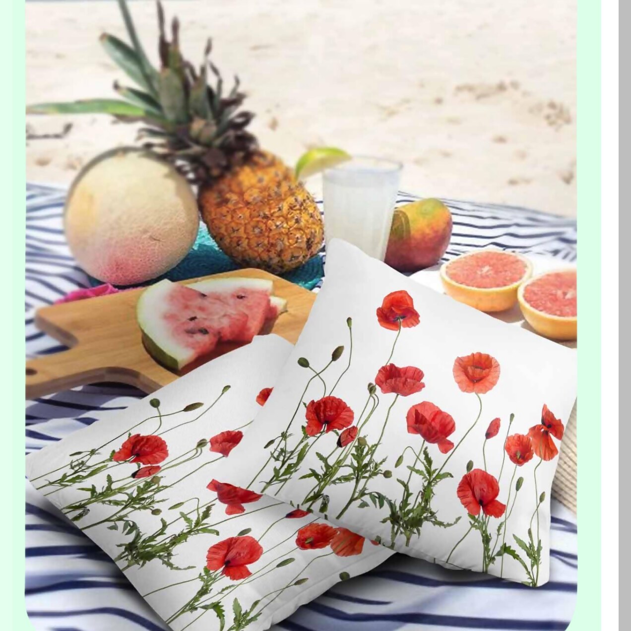 Poppy Blossoms Outdoor Pillow Covers - Set of 2, Watercolor Floral Decorative Throw Pillow Case, Waterproof Garden Flowers Cushion - Green Botanical Cotton Linen 16x16In