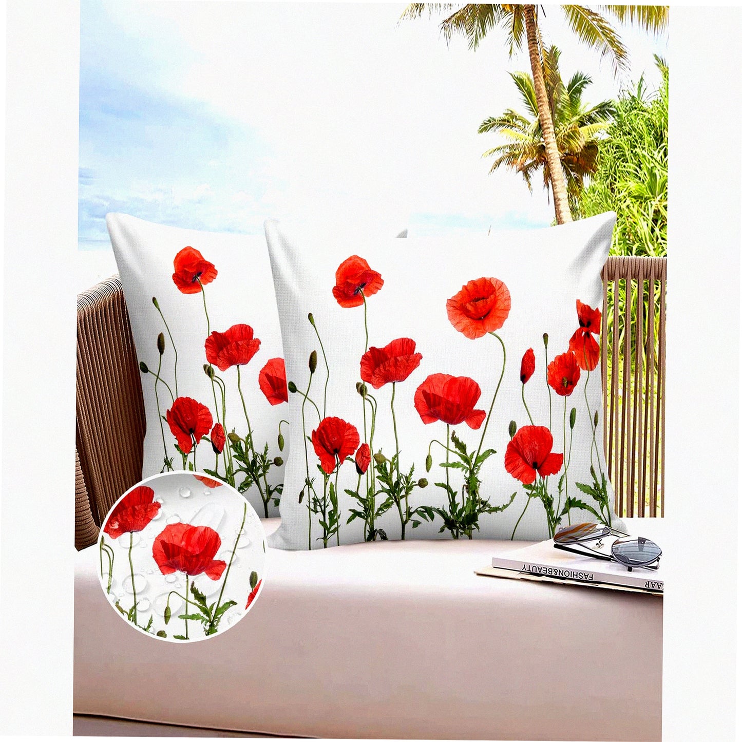 Poppy Blossoms Outdoor Pillow Covers - Set of 2, Watercolor Floral Decorative Throw Pillow Case, Waterproof Garden Flowers Cushion - Green Botanical Cotton Linen 16x16In