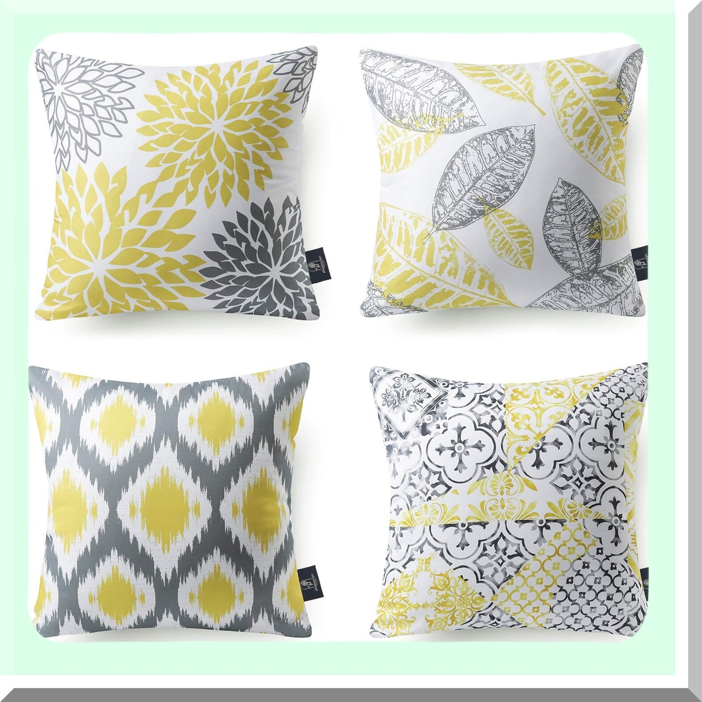 Geometric Leaf Decorative Pillow Cover Set - Yellow Grey Throw Cushion 22x22 inches - Living Series Home Decor Accent