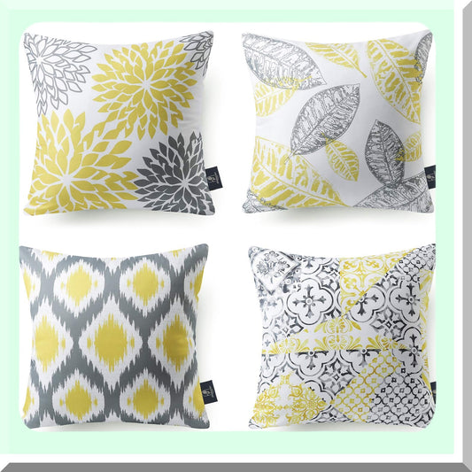 Geometric Leaf Decorative Pillow Cover Set - Yellow Grey Throw Cushion 22x22 inches - Living Series Home Decor Accent