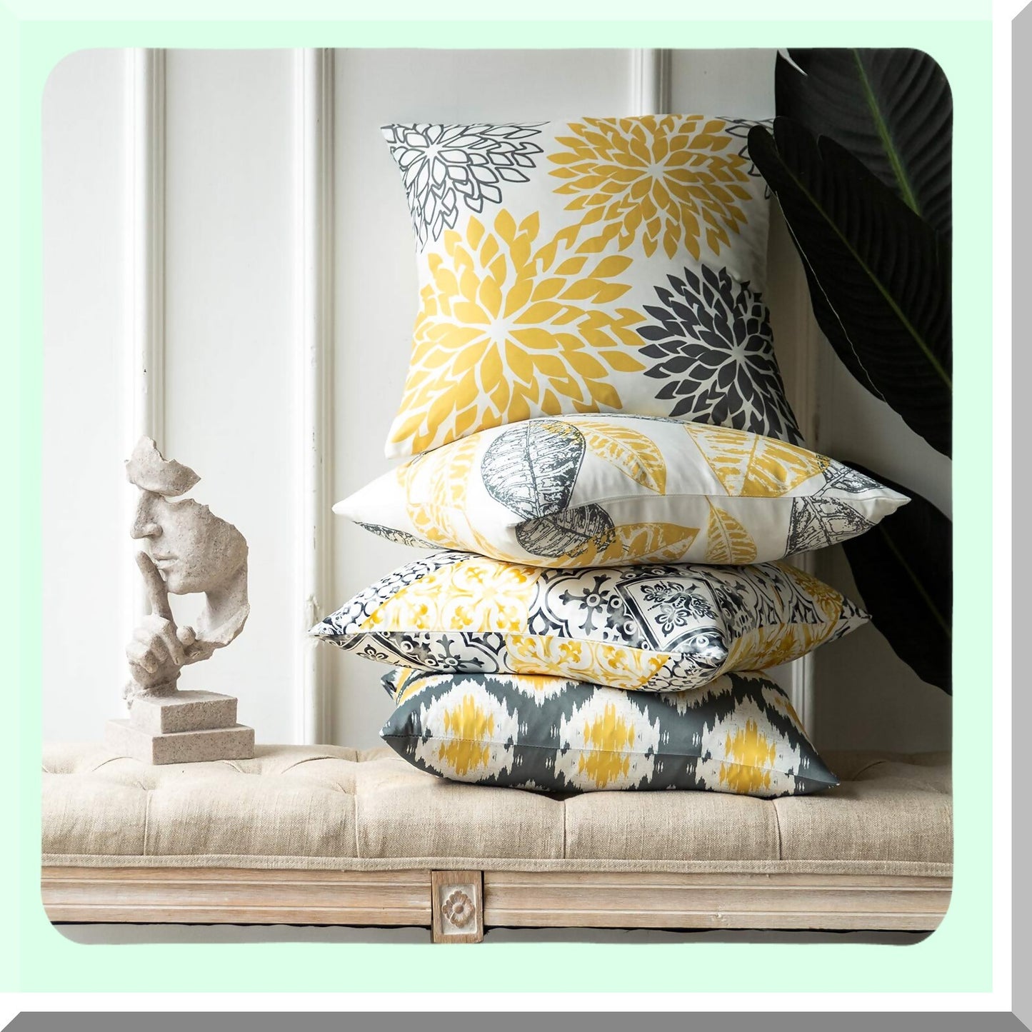 Geometric Leaf Decorative Pillow Cover Set - Yellow Grey Throw Cushion 22x22 inches - Living Series Home Decor Accent