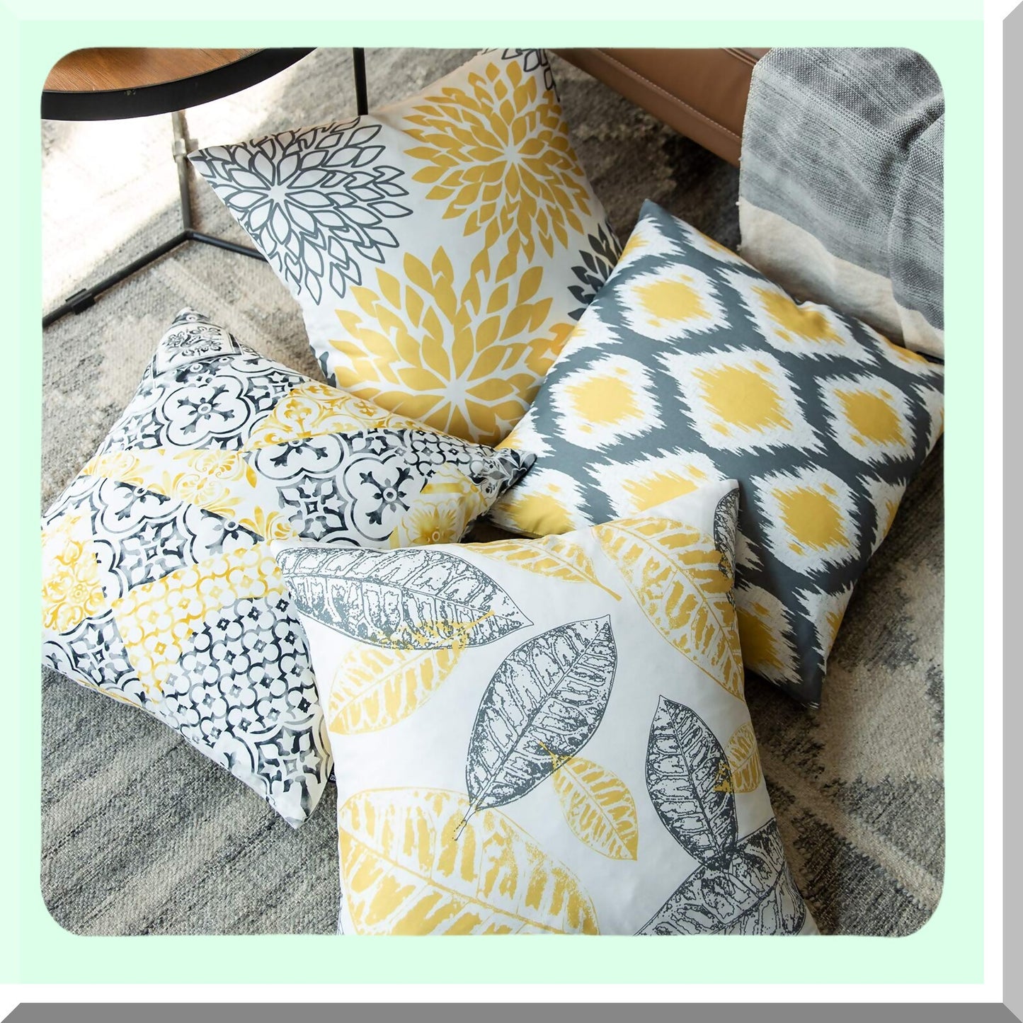 Geometric Leaf Decorative Pillow Cover Set - Yellow Grey Throw Cushion 22x22 inches - Living Series Home Decor Accent