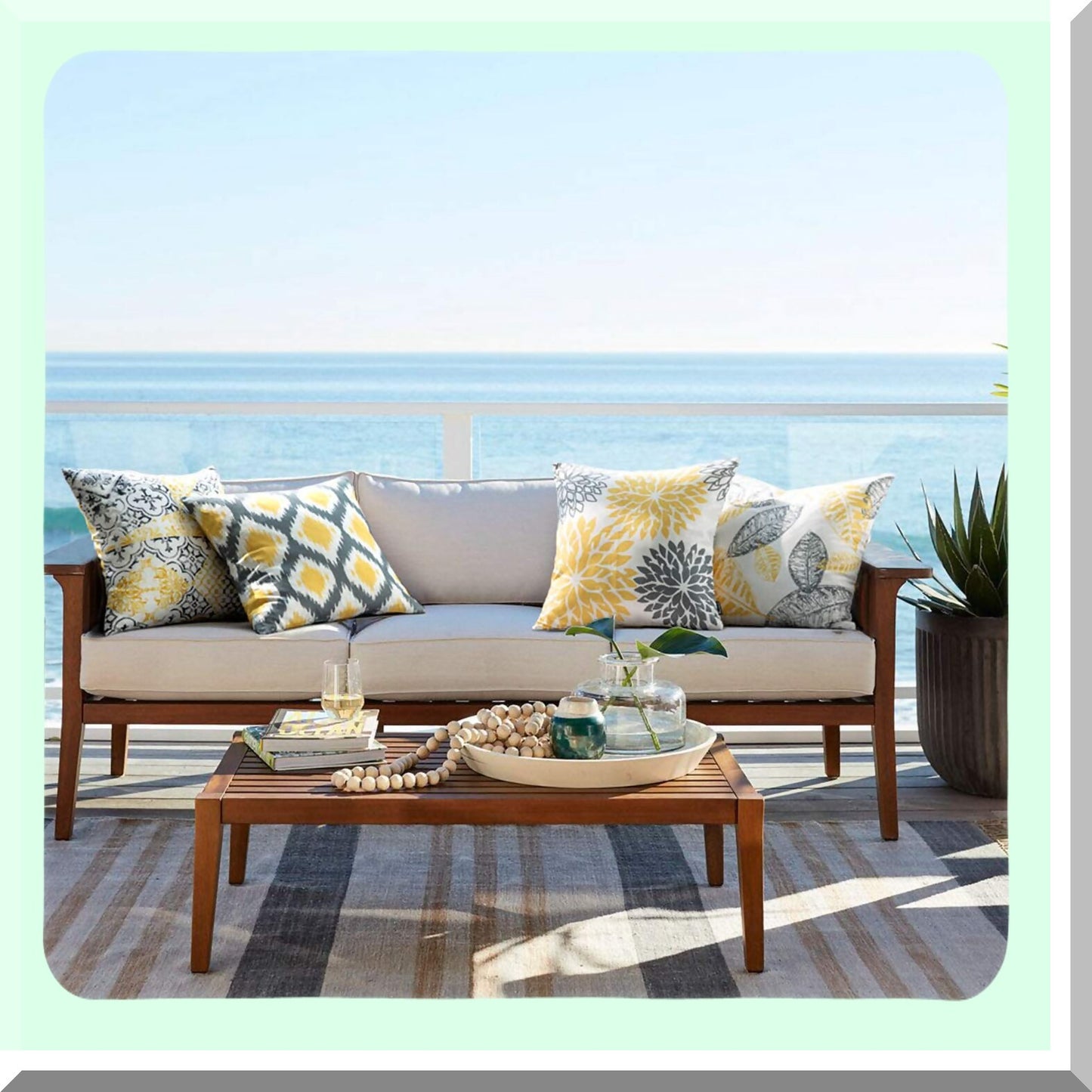Geometric Leaf Decorative Pillow Cover Set - Yellow Grey Throw Cushion 22x22 inches - Living Series Home Decor Accent