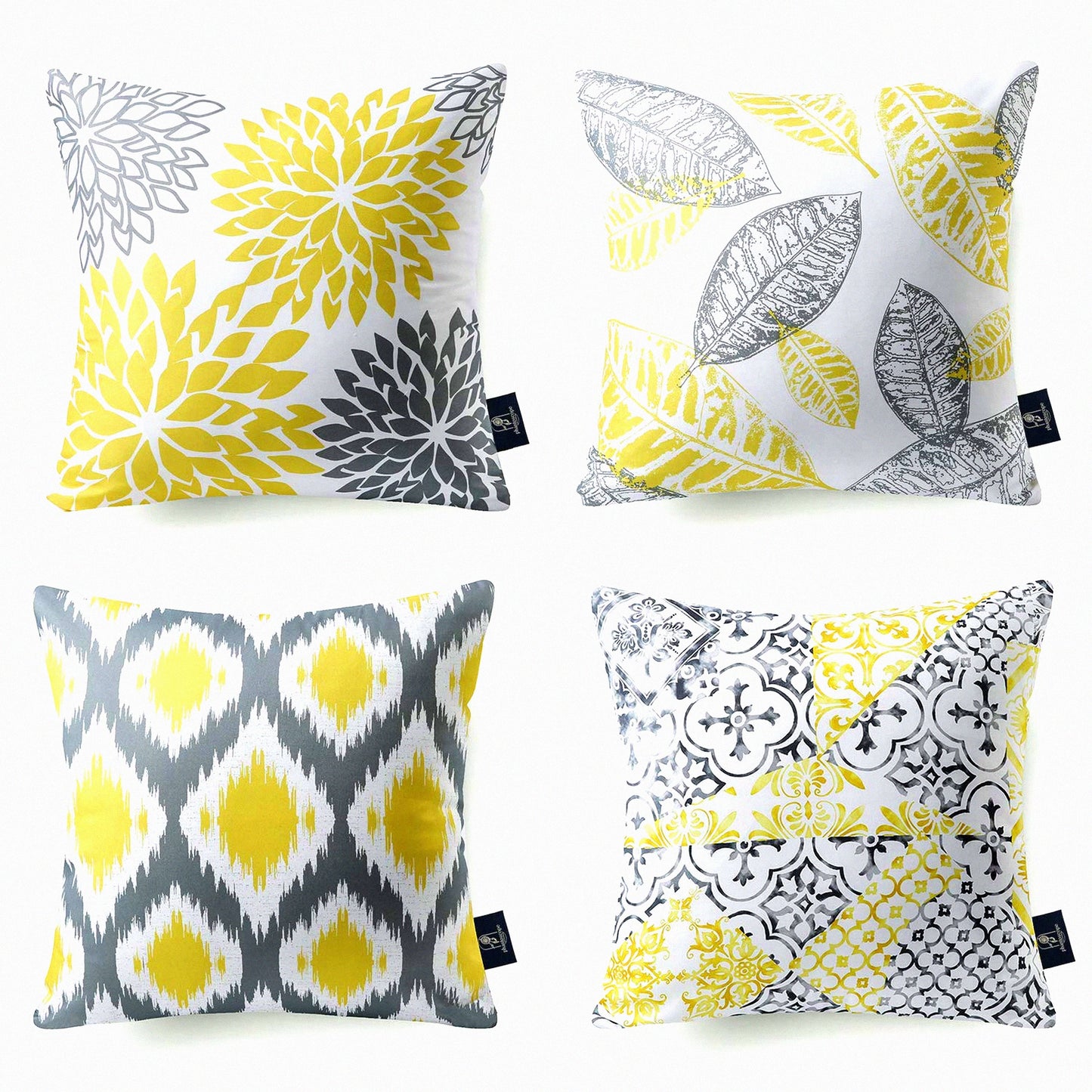 Geometric Leaf Decorative Pillow Cover Set - Yellow Grey Throw Cushion 22x22 inches - Living Series Home Decor Accent