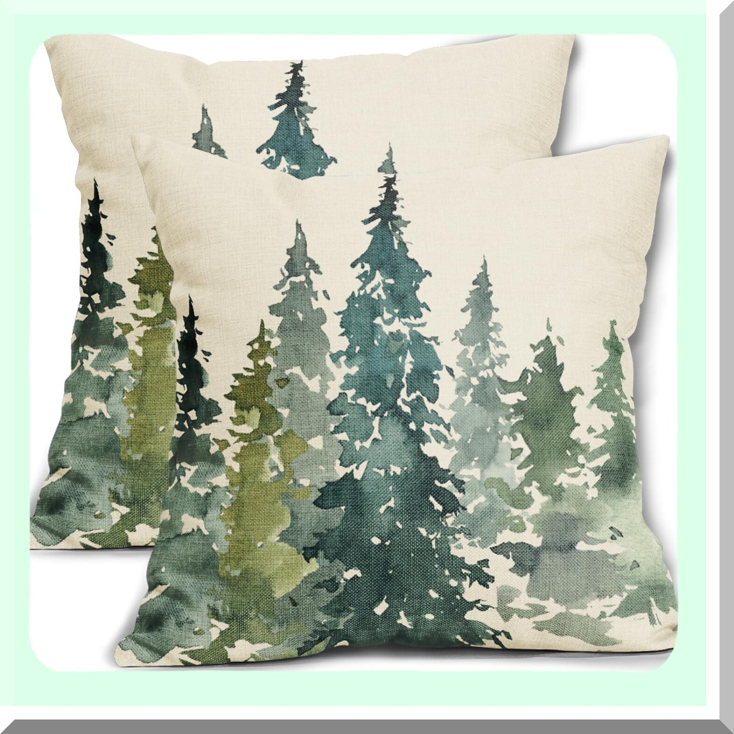 Forest Green Winter Tree Pillow Covers - Set of 2 Rustic Nature Decorative Throw Pillows for Sofa Couch Bed - Farmhouse Linen Cushion Case - Outdoor Decor