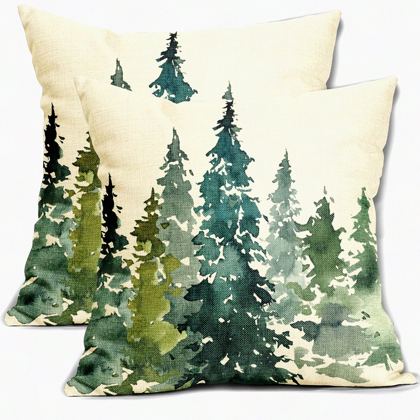 Forest Green Winter Tree Pillow Covers - Set of 2 Rustic Nature Decorative Throw Pillows for Sofa Couch Bed - Farmhouse Linen Cushion Case - Outdoor Decor