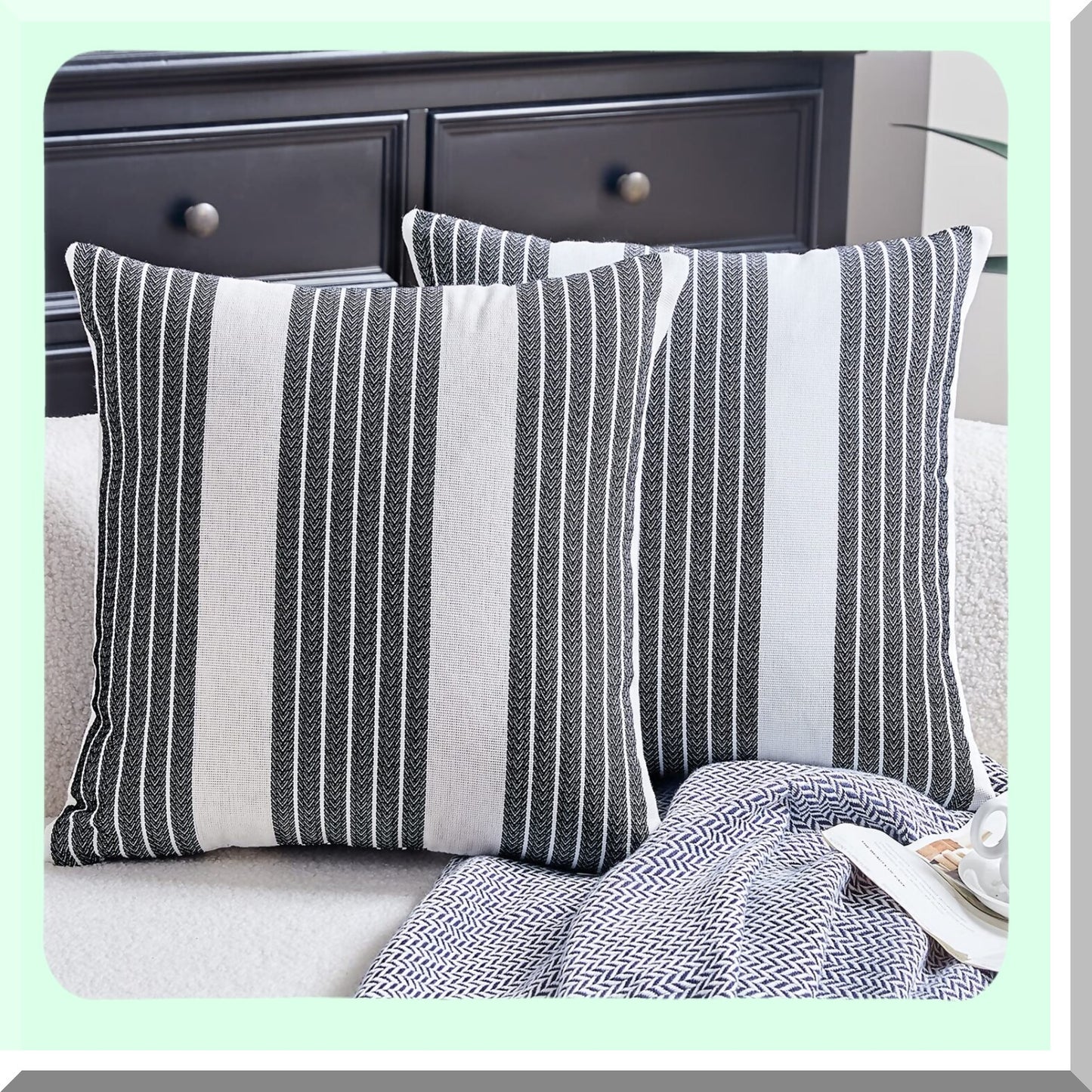 StripeTrend Decor Pillow Covers - Black Striped Durable Cushion Covers for Farmhouse Style Living Room Decor - Ticking Stripe Pattern Pillowcase for Sofa Couch Bed - 18x18 Inch Size