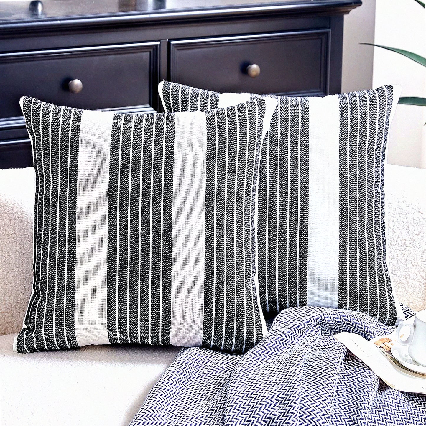 StripeTrend Decor Pillow Covers - Black Striped Durable Cushion Covers for Farmhouse Style Living Room Decor - Ticking Stripe Pattern Pillowcase for Sofa Couch Bed - 18x18 Inch Size