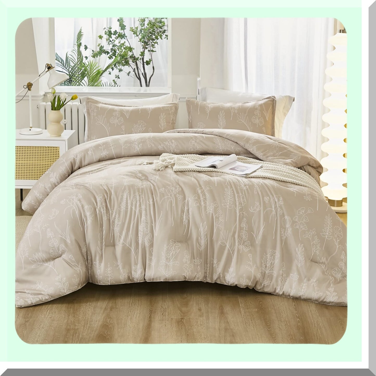 Botanical Bliss Beige Comforter Set - Lightweight Bedding Set with Flowers Design - 3 Piece Comforter Set with 1 Comforter and 2 Pillowcases - Gift Choice