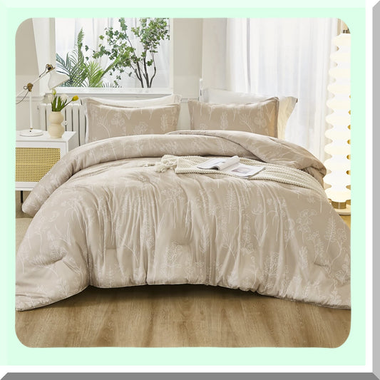 Botanical Bliss Beige Comforter Set - Lightweight Bedding Set with Flowers Design - 3 Piece Comforter Set with 1 Comforter and 2 Pillowcases - Gift Choice