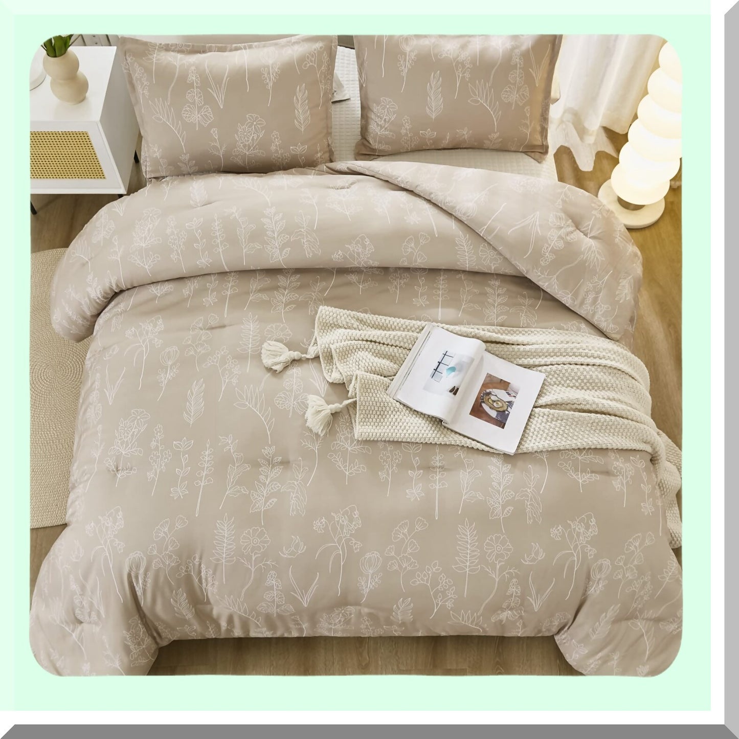 Botanical Bliss Beige Comforter Set - Lightweight Bedding Set with Flowers Design - 3 Piece Comforter Set with 1 Comforter and 2 Pillowcases - Gift Choice