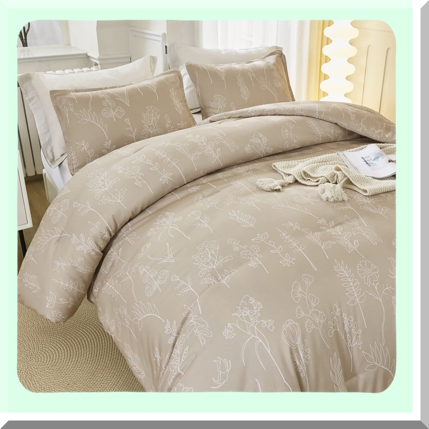 Botanical Bliss Beige Comforter Set - Lightweight Bedding Set with Flowers Design - 3 Piece Comforter Set with 1 Comforter and 2 Pillowcases - Gift Choice