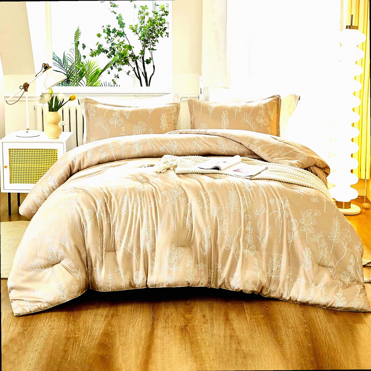 Botanical Bliss Beige Comforter Set - Lightweight Bedding Set with Flowers Design - 3 Piece Comforter Set with 1 Comforter and 2 Pillowcases - Gift Choice