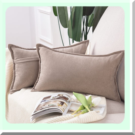 Chenille Soft Taupe Pillow Covers - Set of 2 12x20 Inch Decorative Cushion Shell for Sofa & Bedroom - Short Throw Pillow Cover