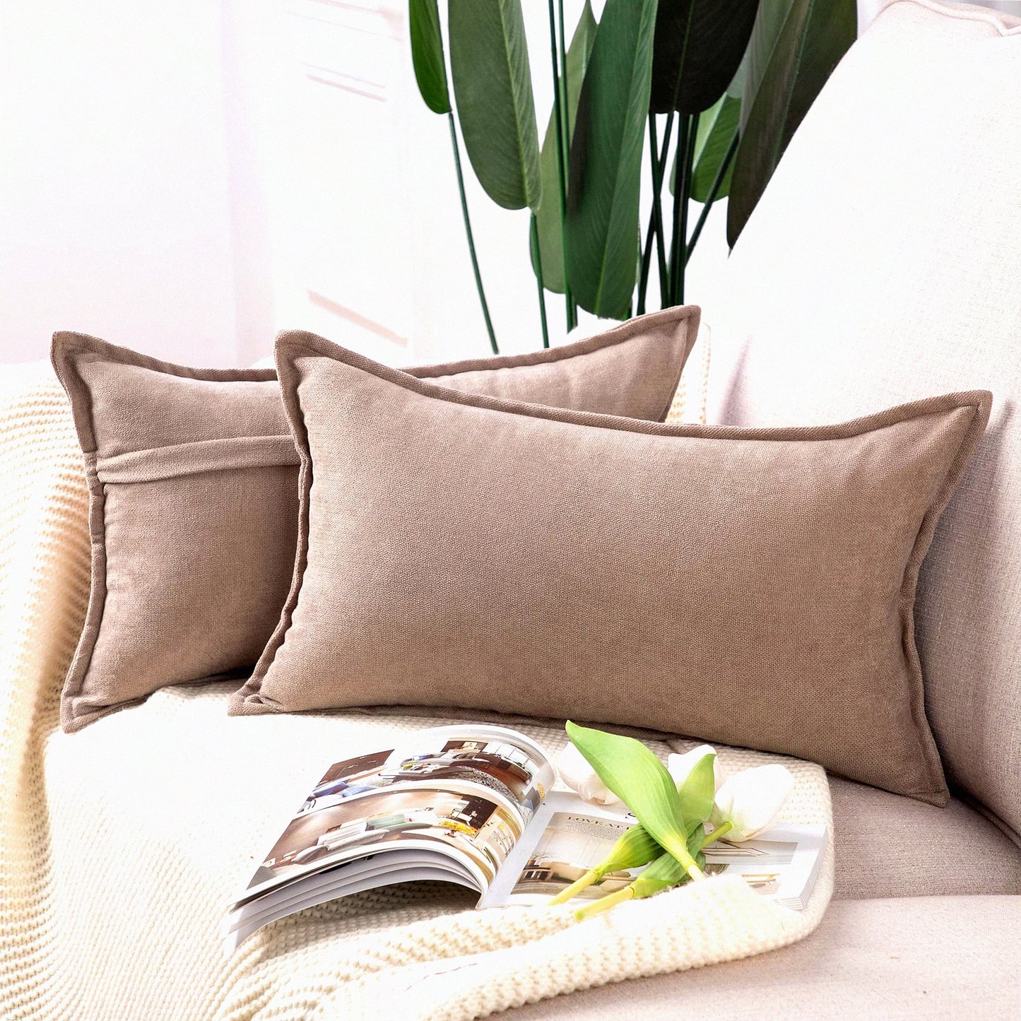 Chenille Soft Taupe Pillow Covers - Set of 2 12x20 Inch Decorative Cushion Shell for Sofa & Bedroom - Short Throw Pillow Cover