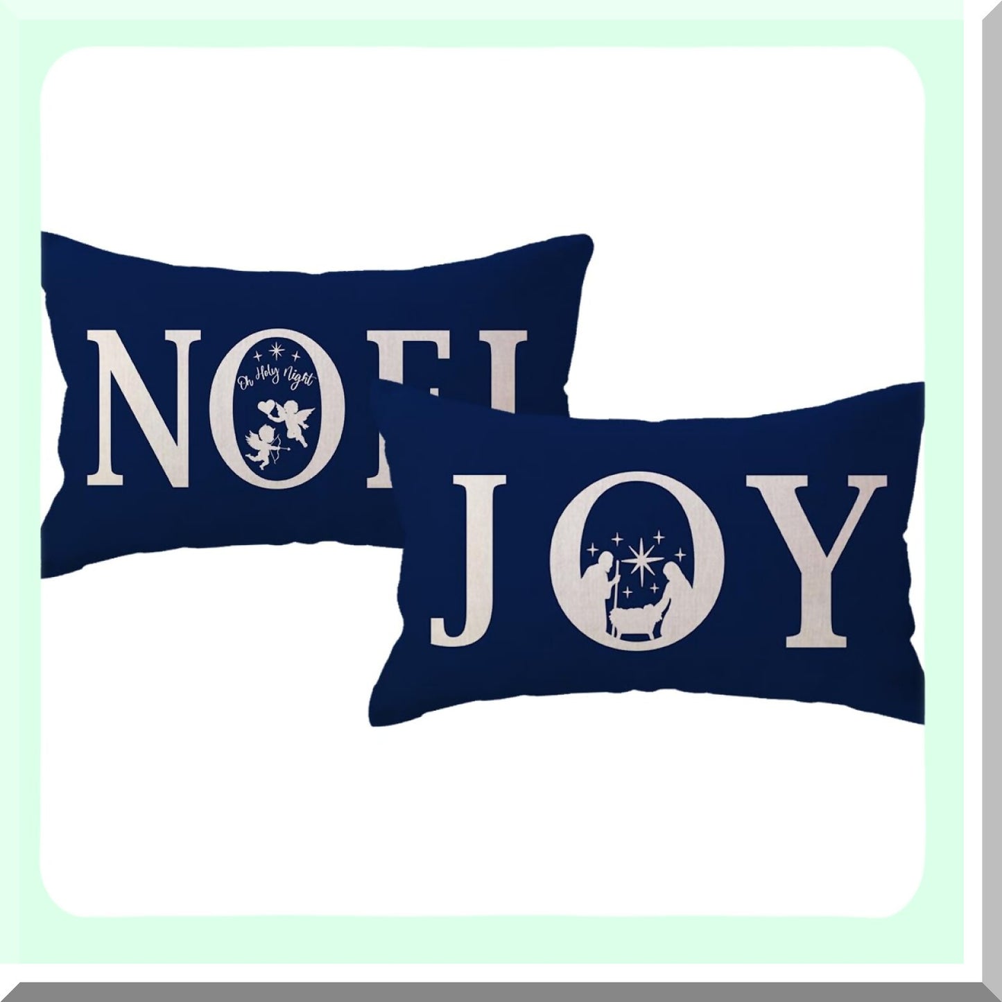 Winter Joy Noel Pillow Covers - Oh Holy Night Cushion Covers - Blue Holiday Pillowcases - Couch Sofa Porch Decor - Jesus Inspired 2 Pack
