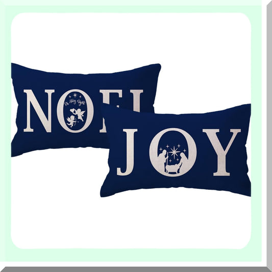Winter Joy Noel Pillow Covers - Oh Holy Night Cushion Covers - Blue Holiday Pillowcases - Couch Sofa Porch Decor - Jesus Inspired 2 Pack
