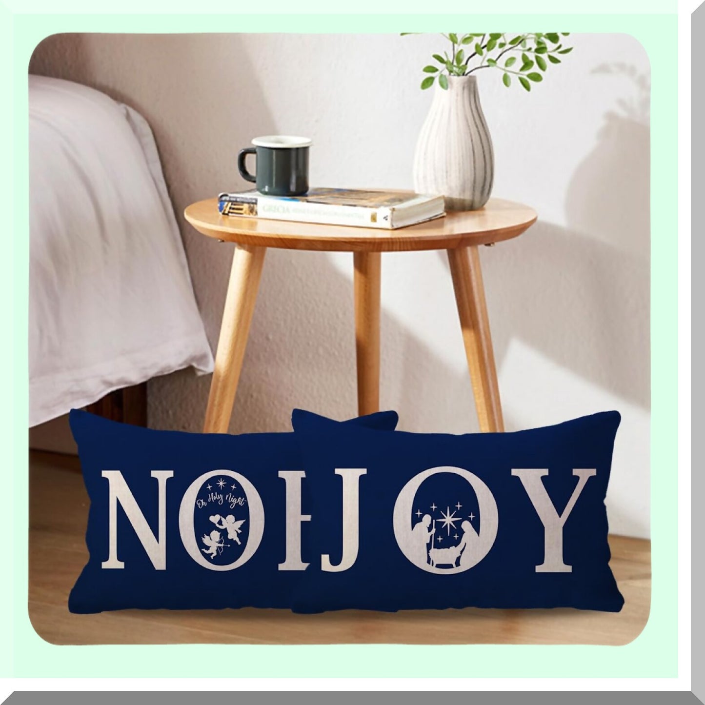 Winter Joy Noel Pillow Covers - Oh Holy Night Cushion Covers - Blue Holiday Pillowcases - Couch Sofa Porch Decor - Jesus Inspired 2 Pack