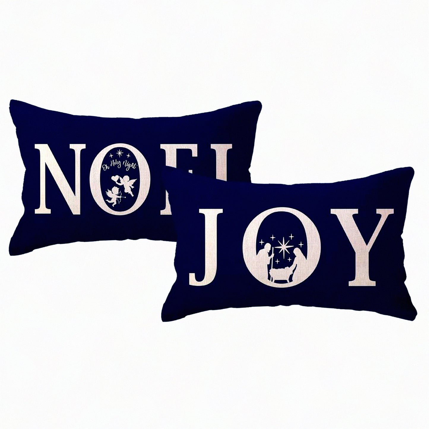 Winter Joy Noel Pillow Covers - Oh Holy Night Cushion Covers - Blue Holiday Pillowcases - Couch Sofa Porch Decor - Jesus Inspired 2 Pack