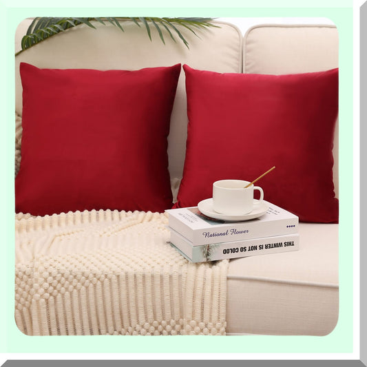 Luxury Velvet Throw Pillow Covers - Set of 2 Super Soft Solid Decorative Cushion Cases for Sofa, Bedroom, Car - 20 x 20 Inch - Red Glam