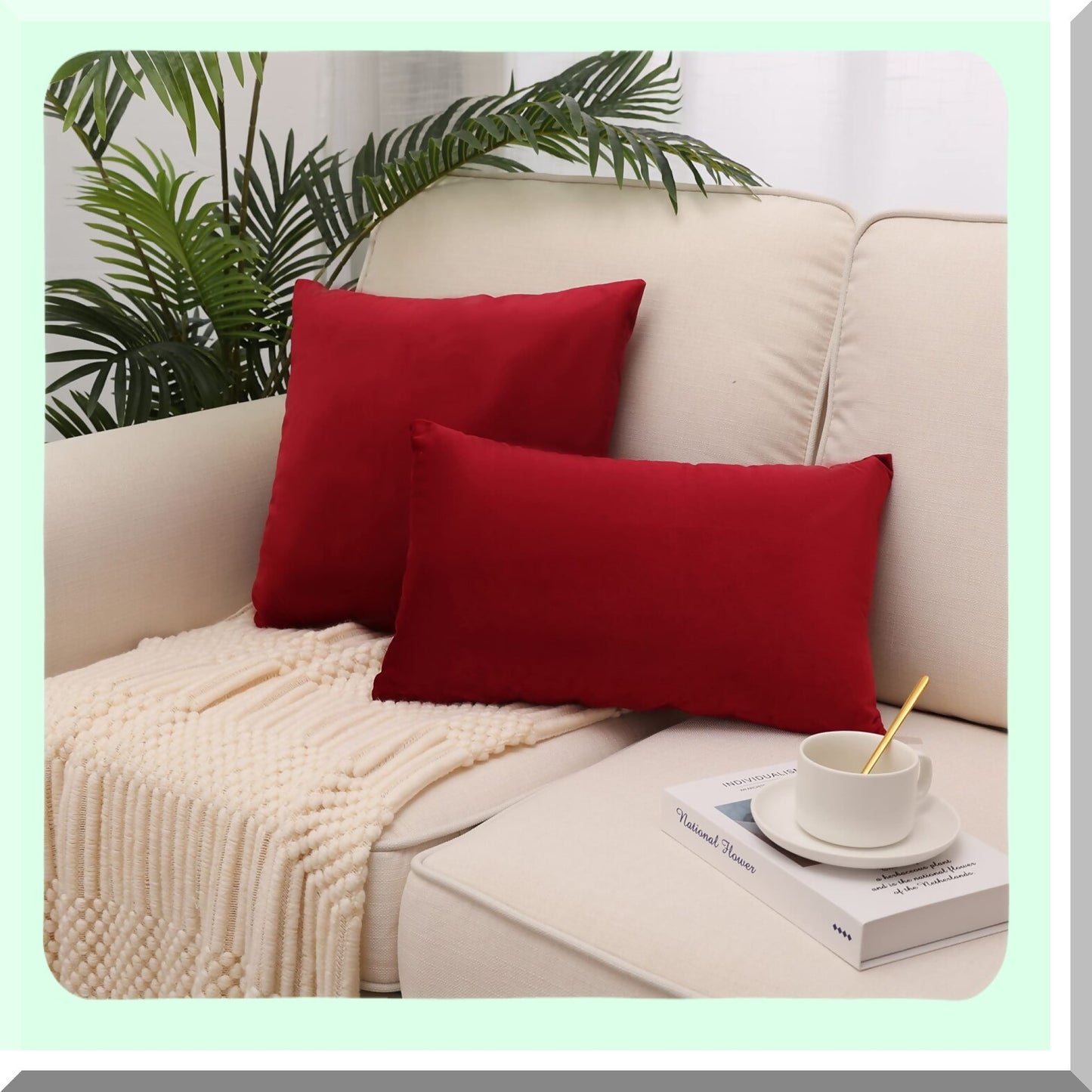 Luxury Velvet Throw Pillow Covers - Set of 2 Super Soft Solid Decorative Cushion Cases for Sofa, Bedroom, Car - 20 x 20 Inch - Red Glam