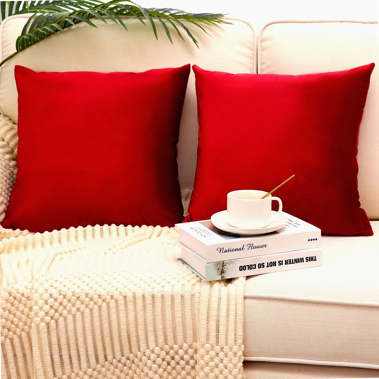 Luxury Velvet Throw Pillow Covers - Set of 2 Super Soft Solid Decorative Cushion Cases for Sofa, Bedroom, Car - 20 x 20 Inch - Red Glam