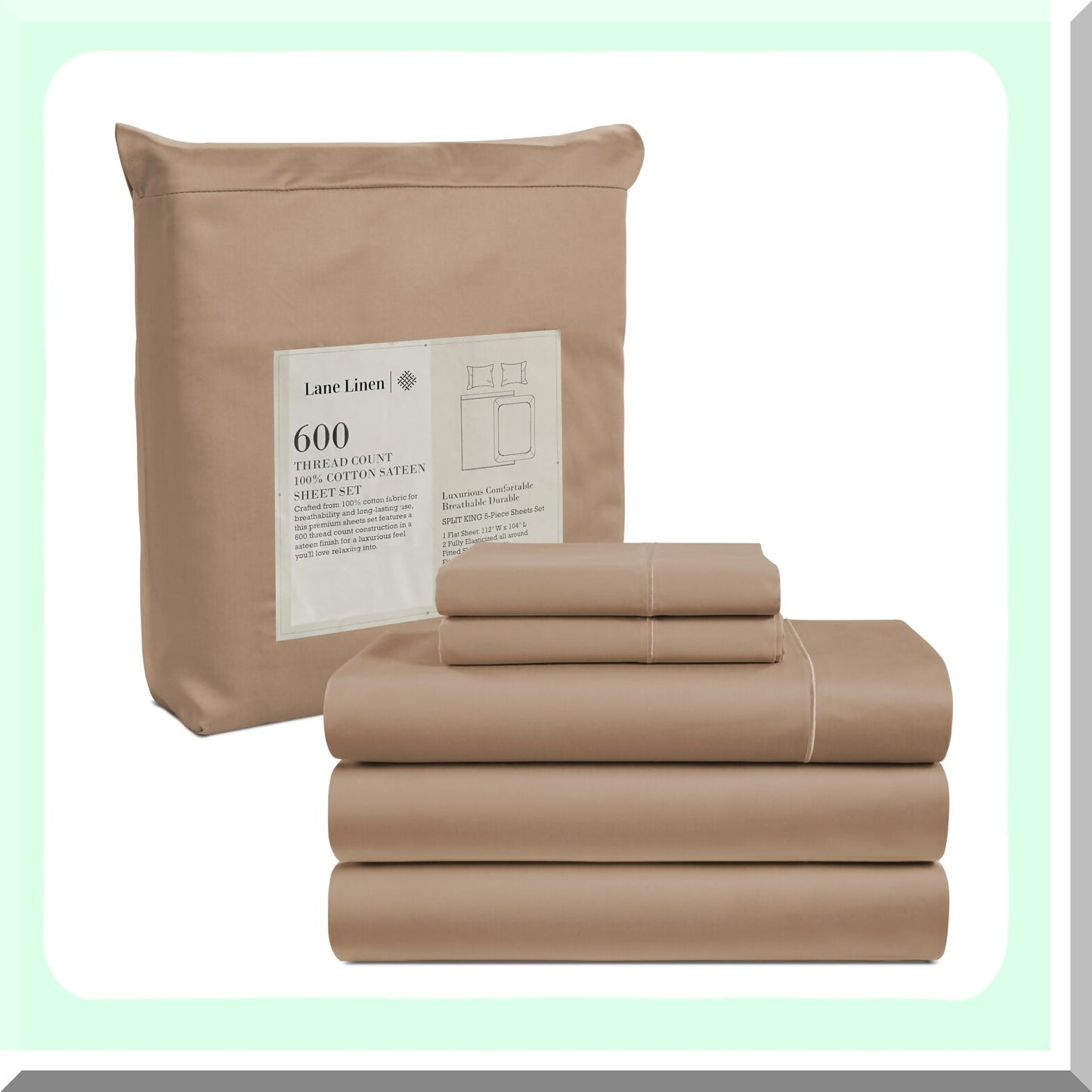 Luxury Cotton Split Bedding Set - 5 Piece 600 TC Hotel Sheets with Pillowcases in Taupe. Ultra Soft, 15" Deep Pocket for Adjustable Beds.
