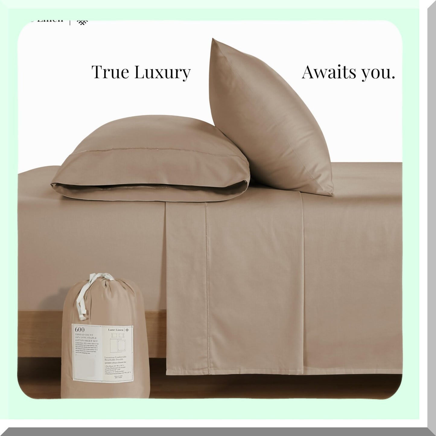 Luxury Cotton Split Bedding Set - 5 Piece 600 TC Hotel Sheets with Pillowcases in Taupe. Ultra Soft, 15" Deep Pocket for Adjustable Beds.