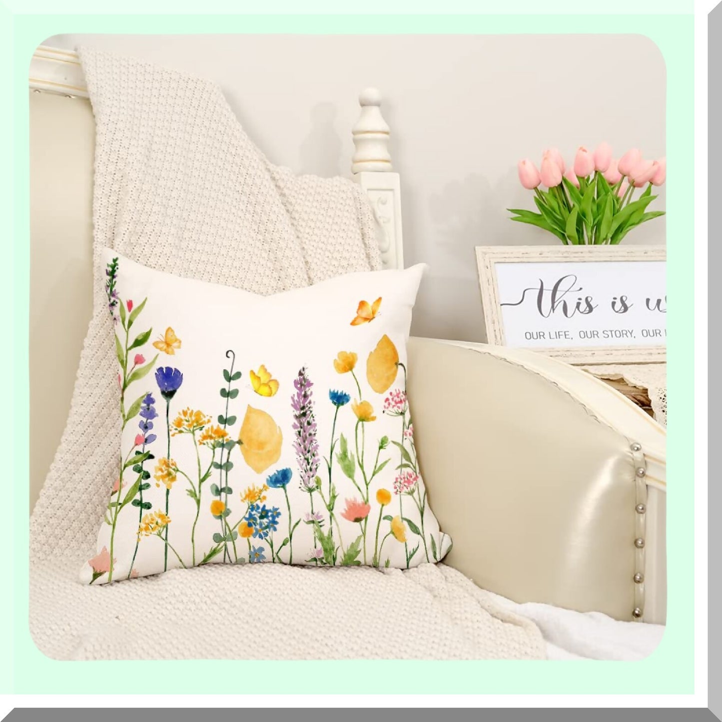 Colorful Spring Butterfly Pillow Covers - Set of 2 18X18 Decorative Cases with Flowers & Leaves Design. Perfect for Summer Farmhouse Home Decor on Couch or Sofa. G244-18