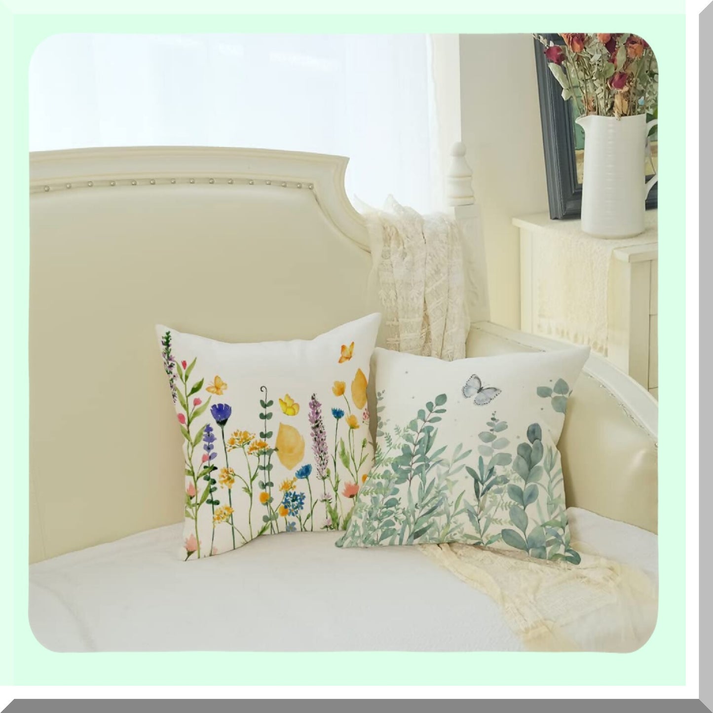 Colorful Spring Butterfly Pillow Covers - Set of 2 18X18 Decorative Cases with Flowers & Leaves Design. Perfect for Summer Farmhouse Home Decor on Couch or Sofa. G244-18