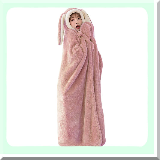 Fluffy Bunny Ear Hooded Blanket with Hand Gloves - Cozy Plush Flannel Hoodie Poncho for Women and Girls, 59-inch Warm Fleece Throw Cloak for Couch, Sofa, Bed, Perfect Gift