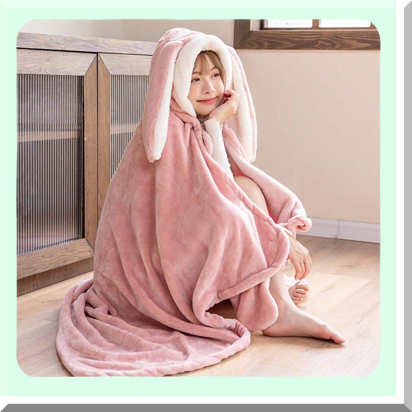 Fluffy Bunny Ear Hooded Blanket with Hand Gloves - Cozy Plush Flannel Hoodie Poncho for Women and Girls, 59-inch Warm Fleece Throw Cloak for Couch, Sofa, Bed, Perfect Gift