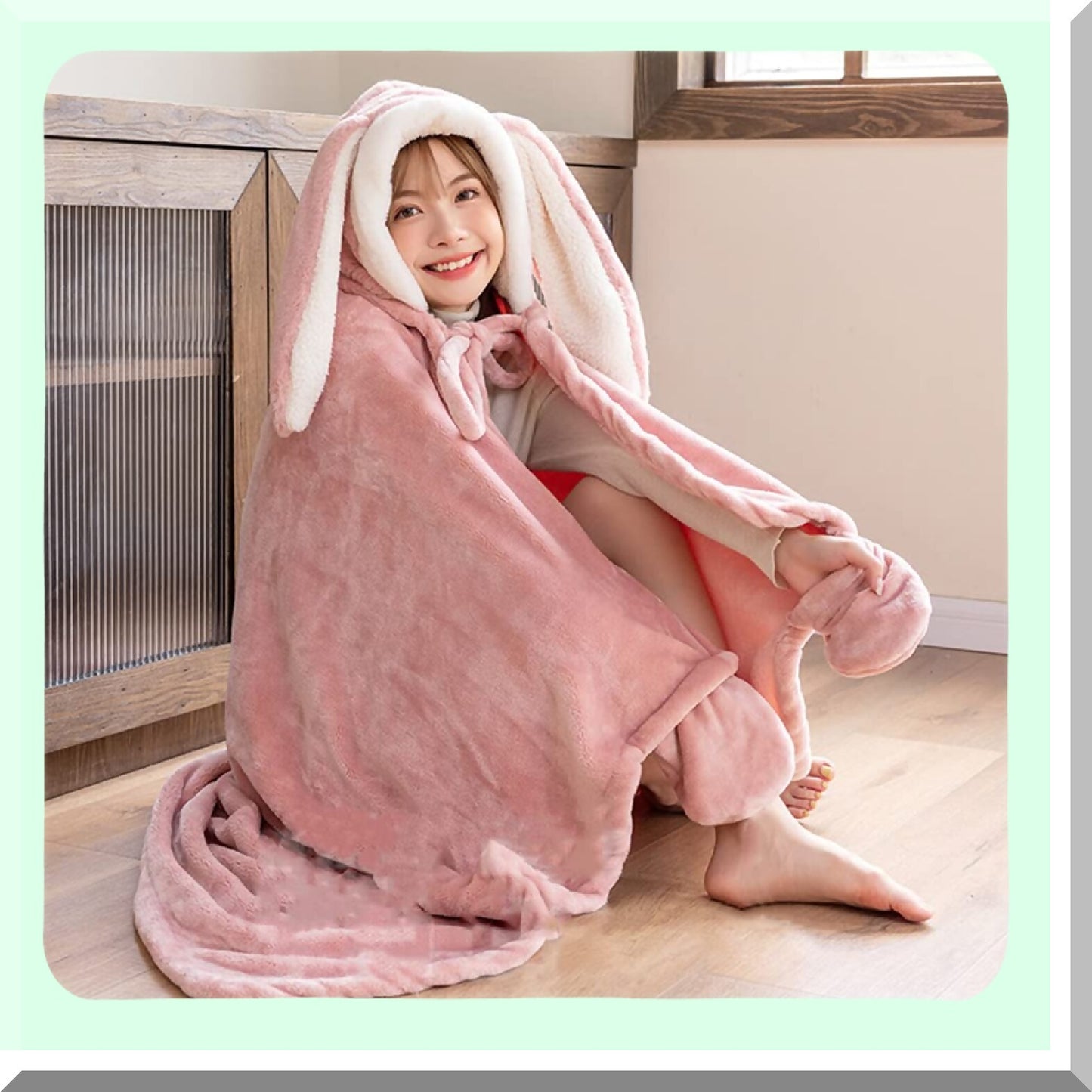 Fluffy Bunny Ear Hooded Blanket with Hand Gloves - Cozy Plush Flannel Hoodie Poncho for Women and Girls, 59-inch Warm Fleece Throw Cloak for Couch, Sofa, Bed, Perfect Gift