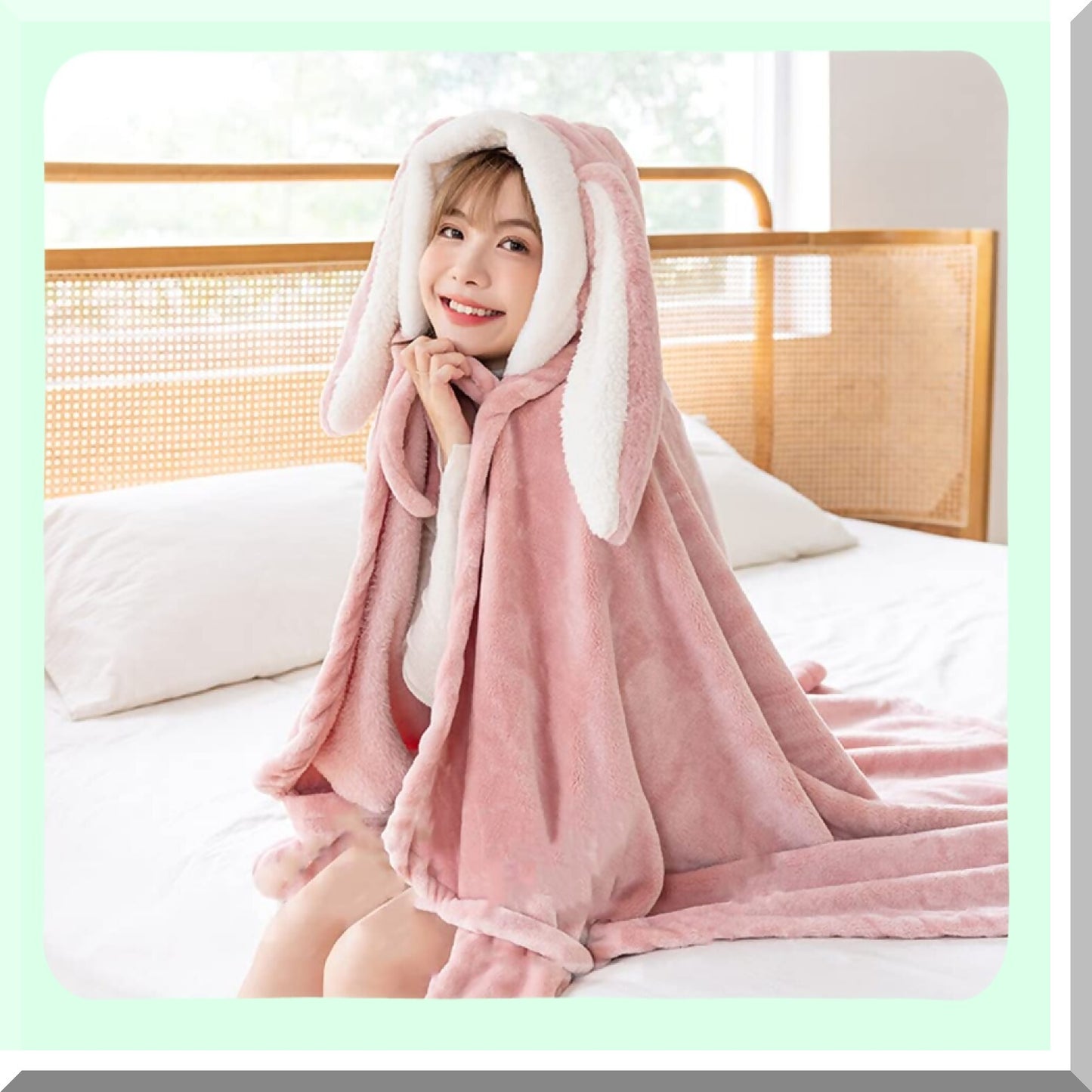 Fluffy Bunny Ear Hooded Blanket with Hand Gloves - Cozy Plush Flannel Hoodie Poncho for Women and Girls, 59-inch Warm Fleece Throw Cloak for Couch, Sofa, Bed, Perfect Gift