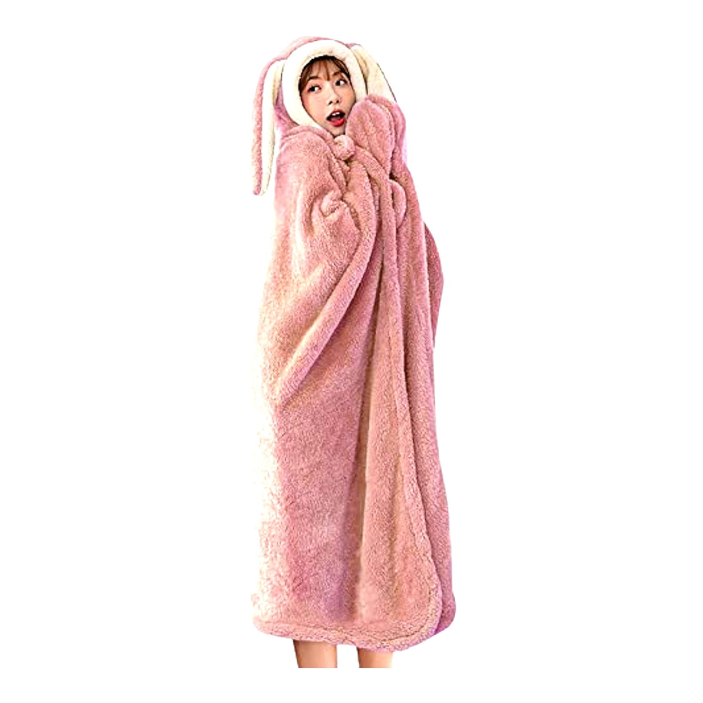 Fluffy Bunny Ear Hooded Blanket with Hand Gloves - Cozy Plush Flannel Hoodie Poncho for Women and Girls, 59-inch Warm Fleece Throw Cloak for Couch, Sofa, Bed, Perfect Gift