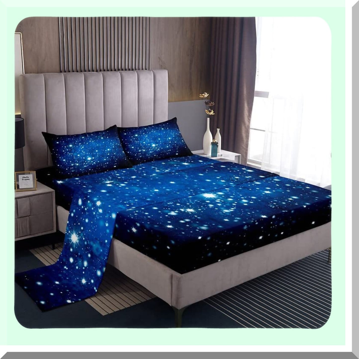 Galactic Dreams 3D Printed Sheet Set - Sky Blue Glitter Universe Bedding with Deep Pocket Fitted Sheet - Outer Space Queen Size 4Pcs Set